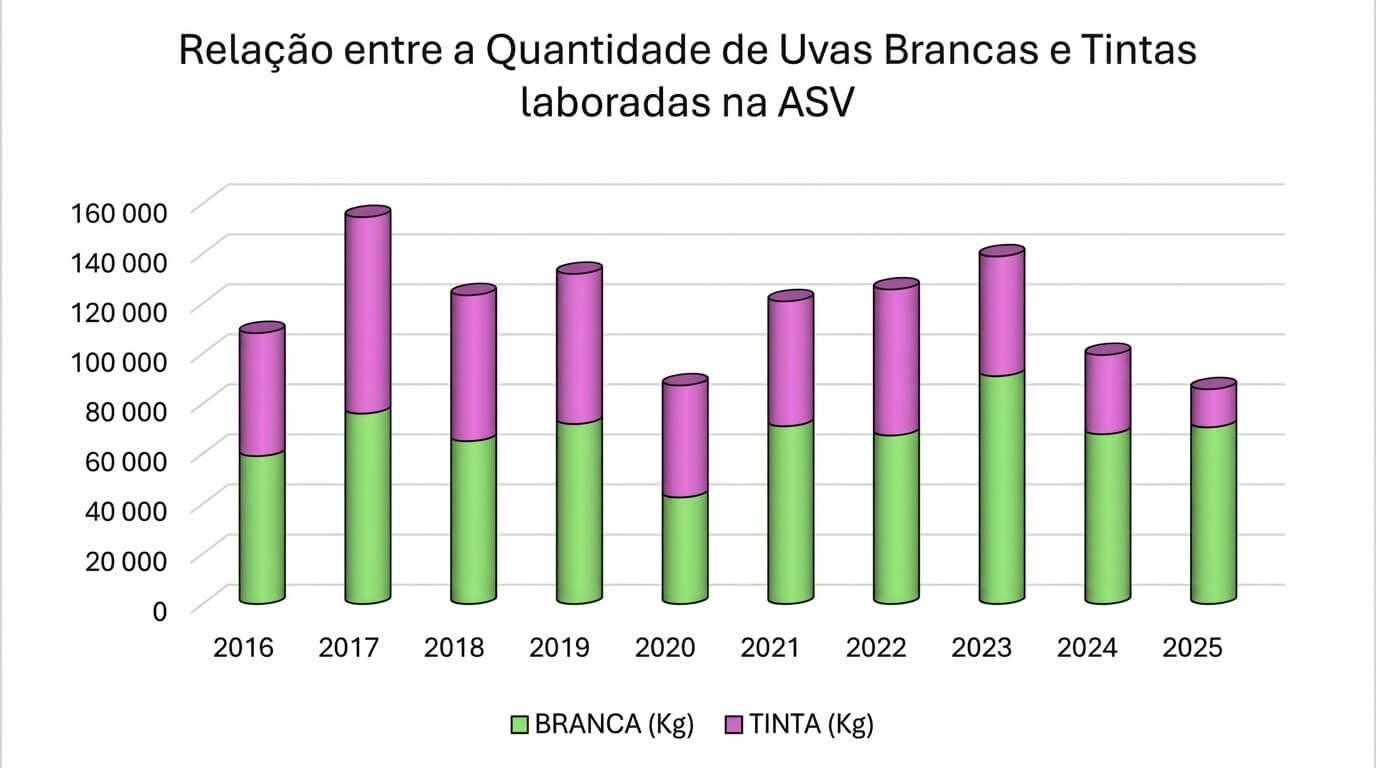 Gráfico 1: Relação entre a quantidade de uvas brancas e tintas laboradas Anualmente